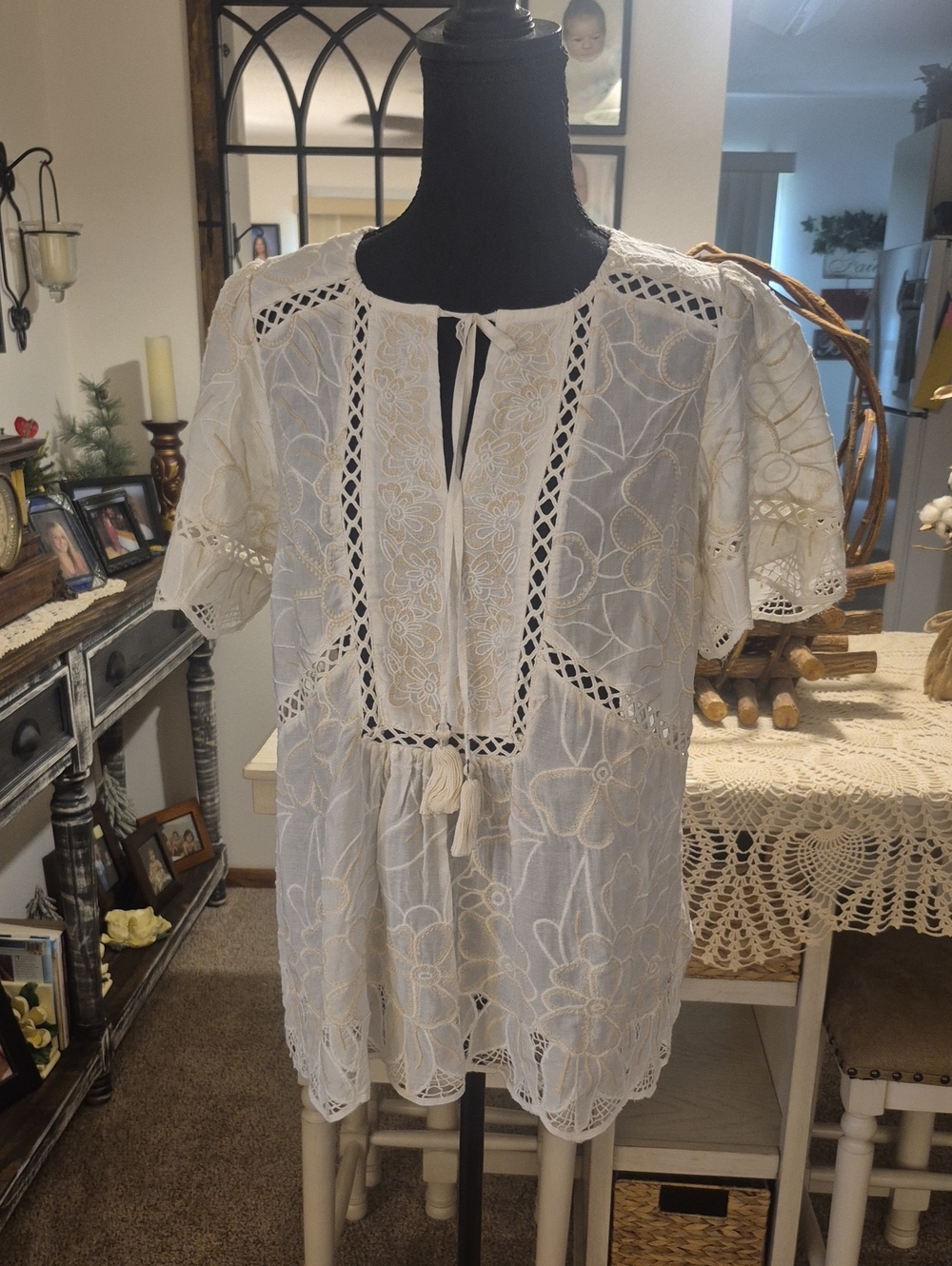 Ivory Embroidered Women’s Boho Top - Lightweight Lace Detail